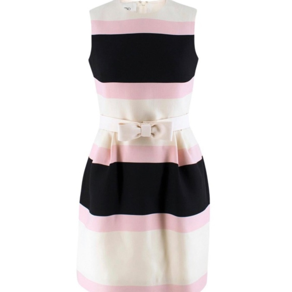 Valentino pink, black, and cream wool and silk blend candy striped dress.